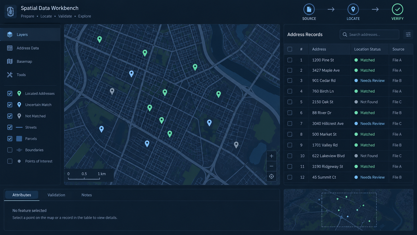 Spatial data workbench with map and address validation records